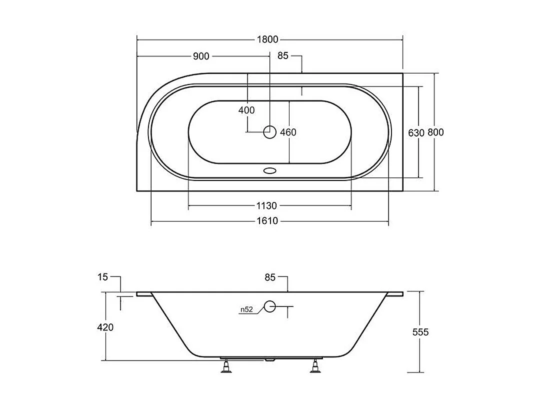 Baignoire asymétrique 180x80 Gauche AVITA SLIM acrylique blanc, sans Habillage + Pieds + Vidage à chromé