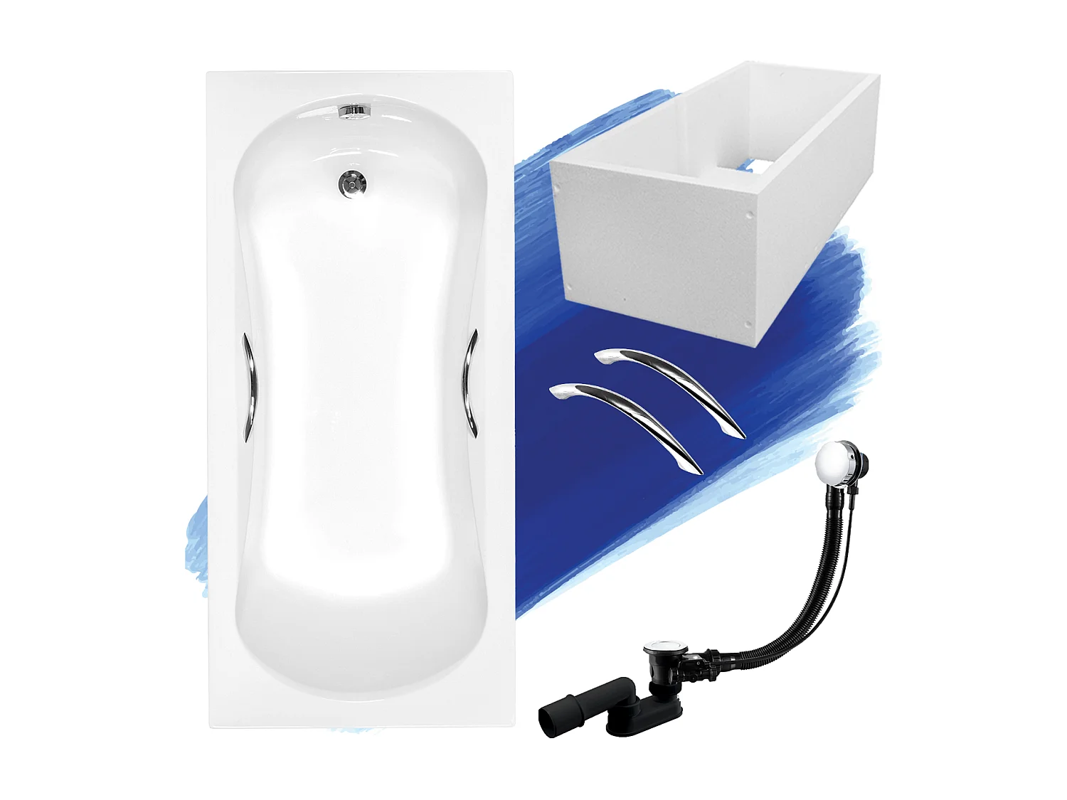Baignoire rectangulaire 170x70 ARIA PLUS acrylique blanc + Support stabilisateur en polystyrène + Poignées + Pieds + Vidage à chromé