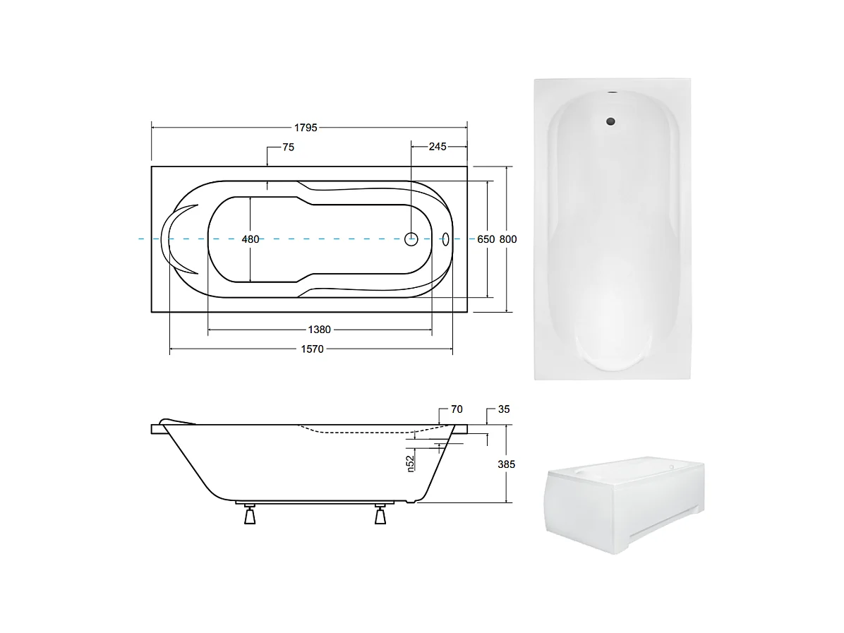 Baignoire rectangulaire 180x80 BONA acrylique blanc + avec Tablier + Pieds + Vidage à chromé