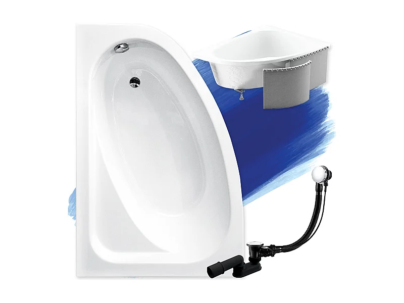 Baignoire asymétrique 140x80 Gauche CORNEA acrylique blanc + Habillage en polystyrène + Pieds + Vidage à chromé