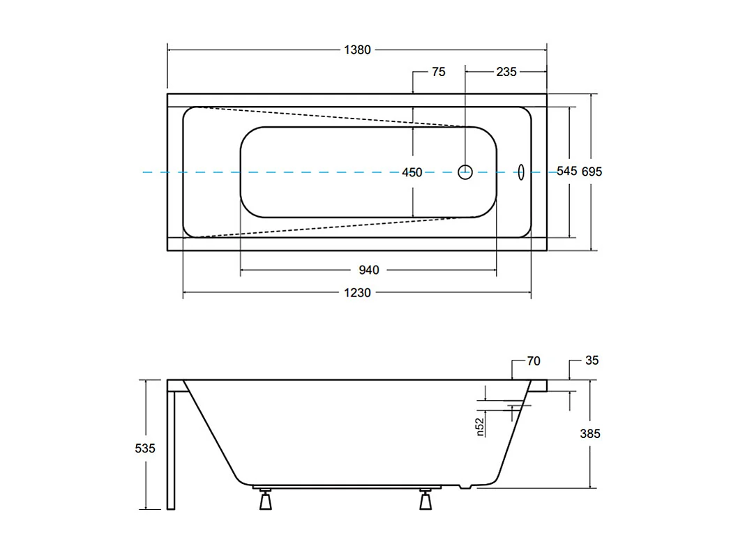 Badewanne Rechteck MODERN 140x70 mit Wannenträger | Ablauf & Füße GRATIS !