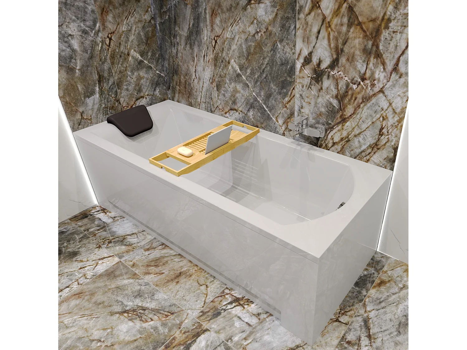 Badewanne Rechteck SHEA 150x70 | Ablauf & Füße GRATIS mit Kopfstütze + Bambus Badewannenablage