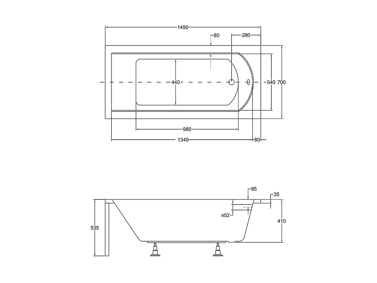 Badewanne Rechteck SHEA 150x70 | Ablauf & Füße GRATIS mit Kopfstütze + Bambus Badewannenablage