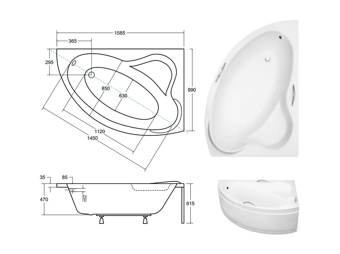 Badewanne Eckwanne ADA 160x100 Rechts mit Handgriffen | Ablauf & Füße GRATIS !