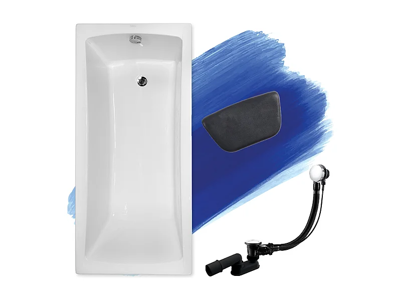 Baignoire rectangulaire 170x70 OPTIMA acrylique blanc, sans Habillage + Repose Tête + Pieds + Vidage à chromé