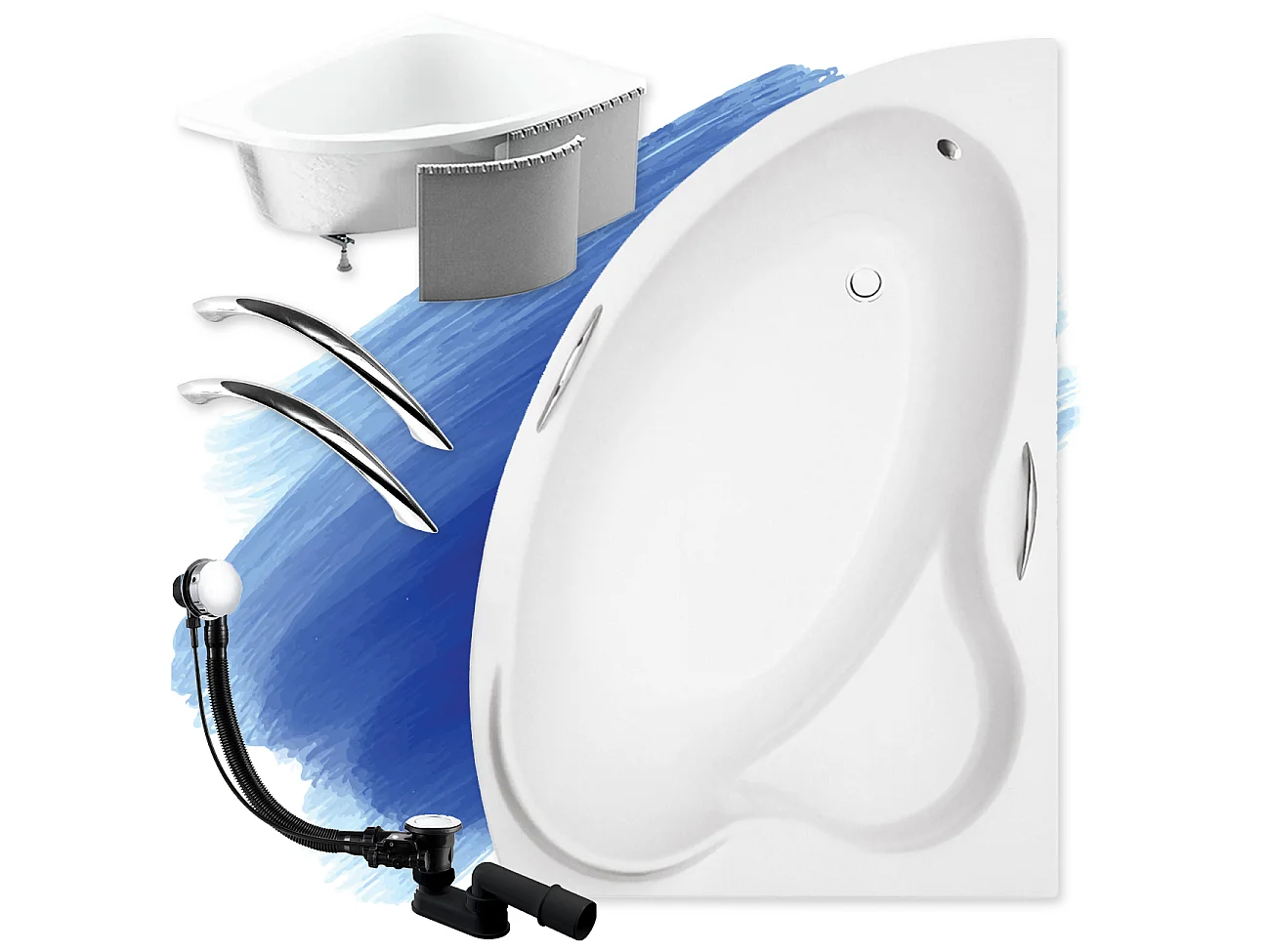 Badewanne Eckwanne ADA 140x90 Rechts mit Styroporverkleidung und Handgriffen | Ablauf & Füße GRATIS !