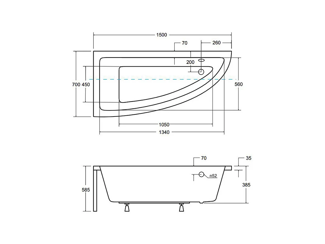 Baignoire asymétrique 150x70 Gauche PRAKTIKA acrylique blanc + avec Tablier + Pieds + Vidage à chromé