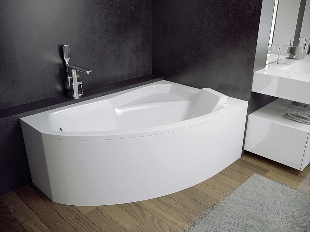 Baignoire asymétrique 150x95 Droite RIMA acrylique blanc, sans Habillage + Repose Tête + Pieds + Vidage à chromé