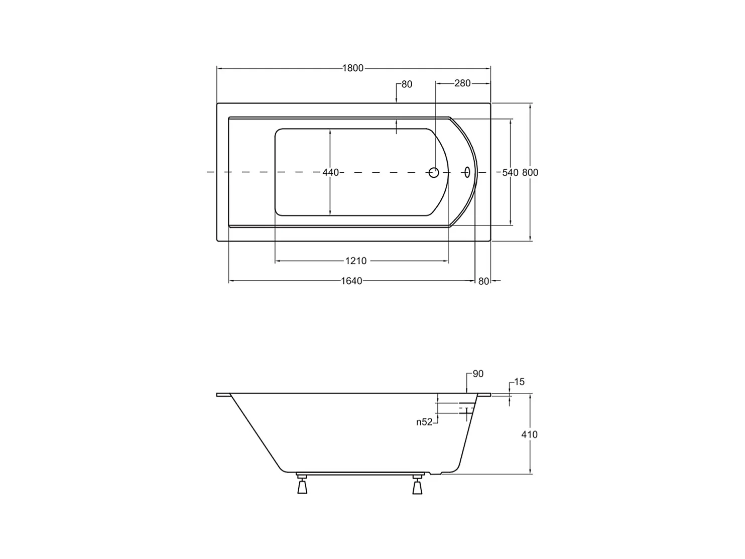 Rechthoekige badkuip SHEA SLIM 180x80 | Afvoer &amp; poten GRATIS!