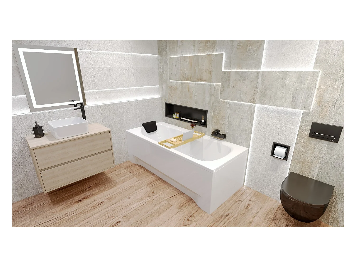 Baignoire rectangulaire 160x70 BONA acrylique blanc, sans Habillage + Étagère bambou + Pieds + Vidage à chromé