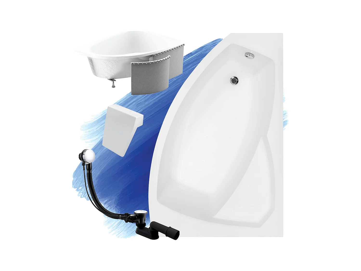 Badewanne Eckwanne RIMA 160x100 Rechts mit Styroporverkleidung und weißer Kopfstützen | Ablauf & Füße GRATIS !