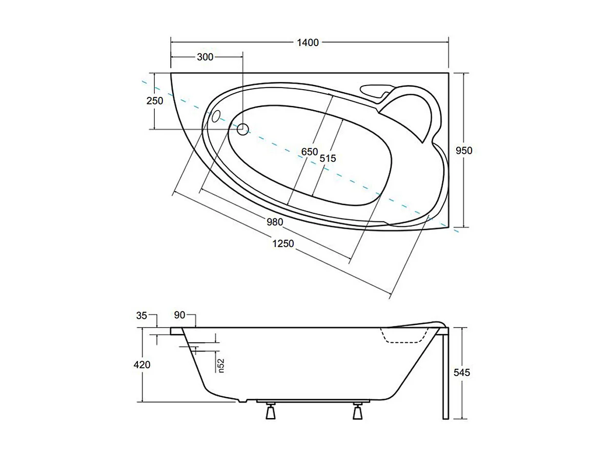 Baignoire asymétrique 140x95 Droite FINEZJA acrylique blanc, sans Habillage + Pieds + Vidage à chromé