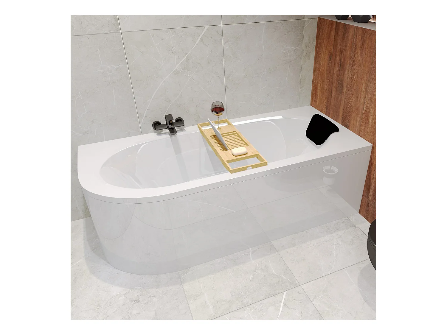 Badewanne Eckwanne AVITA 170x75 Rechts + Bambus Badewannenablage + Kopfstütze KODI | Ablauf & Füße GRATIS !