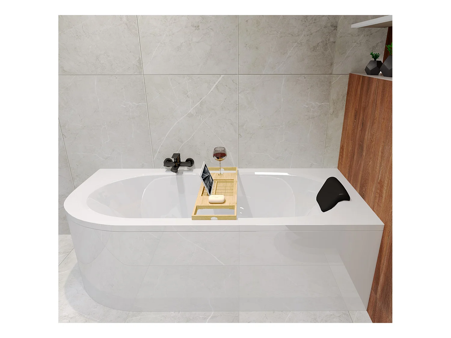 Badewanne Eckwanne AVITA 170x75 Rechts + Bambus Badewannenablage + Kopfstütze KODI | Ablauf & Füße GRATIS !