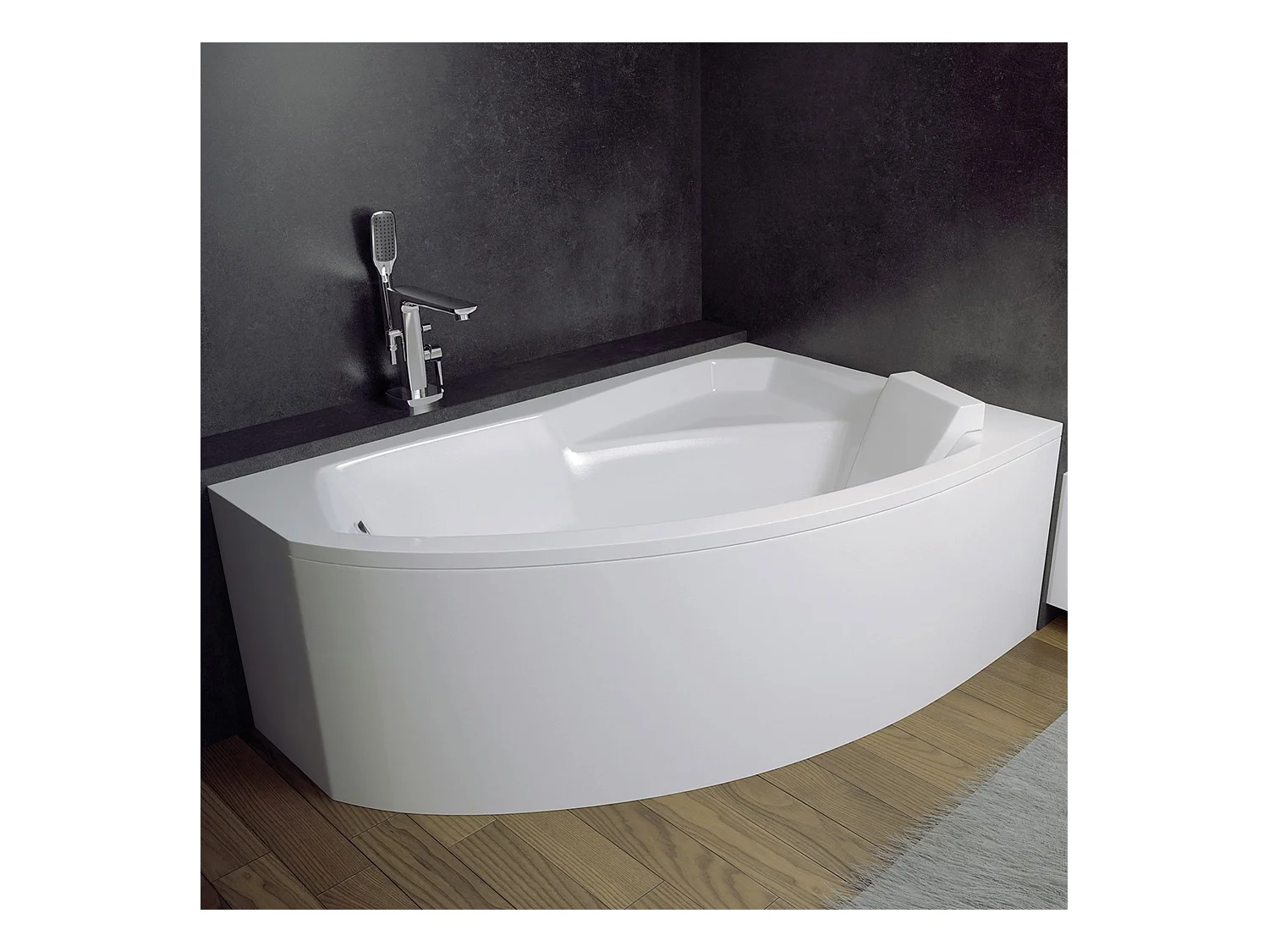 Baignoire asymétrique 170x110 Droite RIMA acrylique blanc + avec Tablier + Pieds + Vidage à chromé