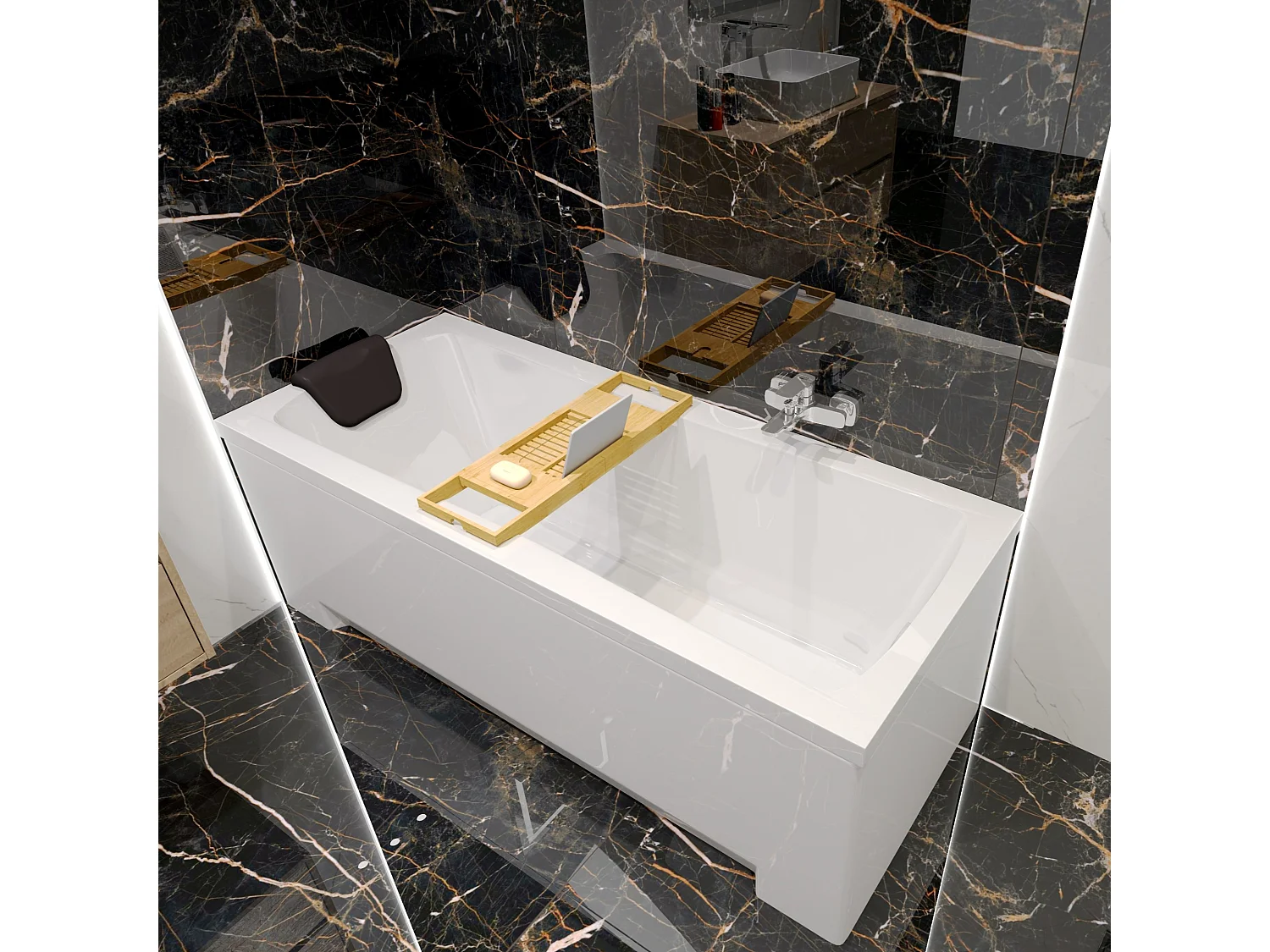 Baignoire rectangulaire 160x70 OPTIMA acrylique blanc, sans Habillage + Étagère bambou + Pieds + Vidage à chromé