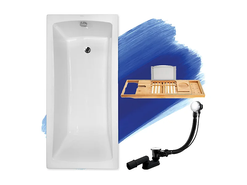 Baignoire rectangulaire 160x70 OPTIMA acrylique blanc, sans Habillage + Étagère bambou + Pieds + Vidage à chromé