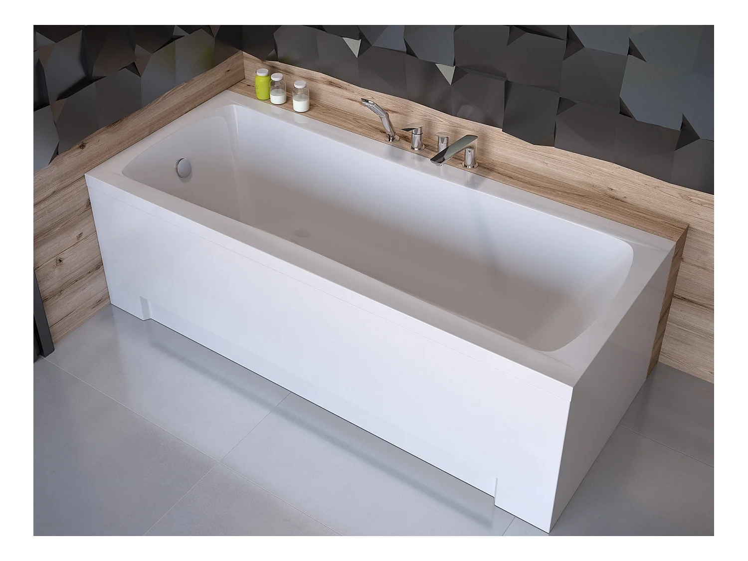 Baignoire rectangulaire 160x70 OPTIMA acrylique blanc + avec Tablier + Pieds + Vidage à chromé