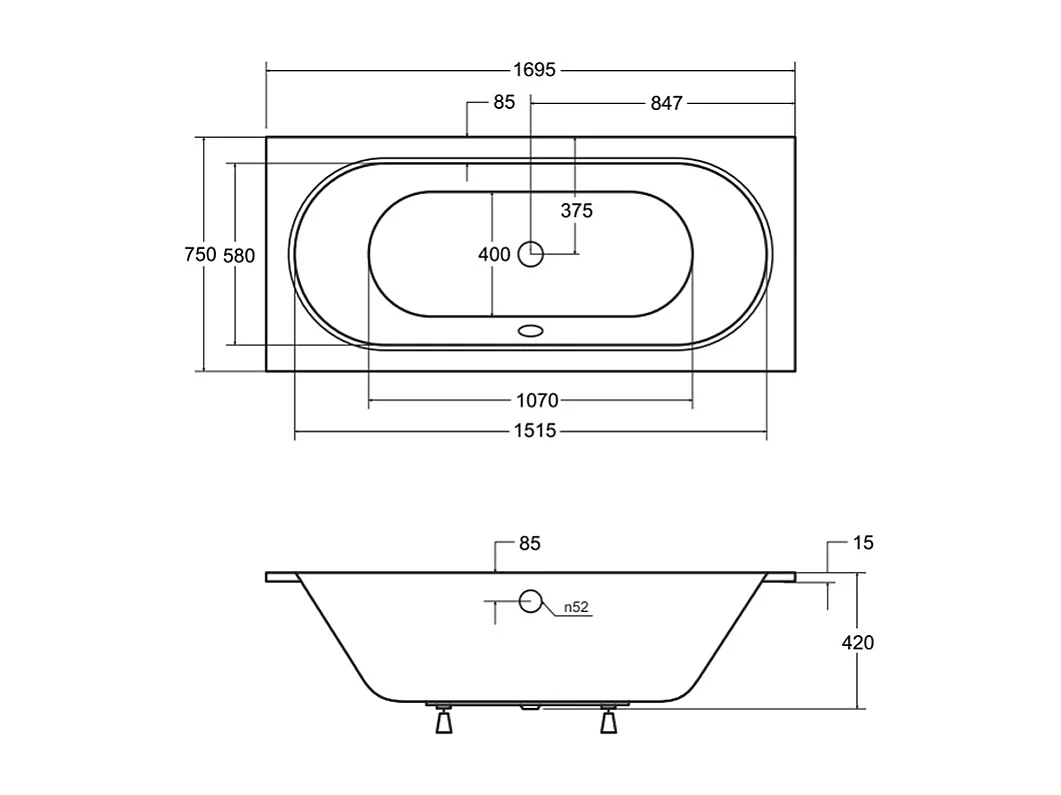 Badewanne Rechteck VITAE SLIM 170x75 mit Wannenträger | Ablauf & Füße GRATIS !