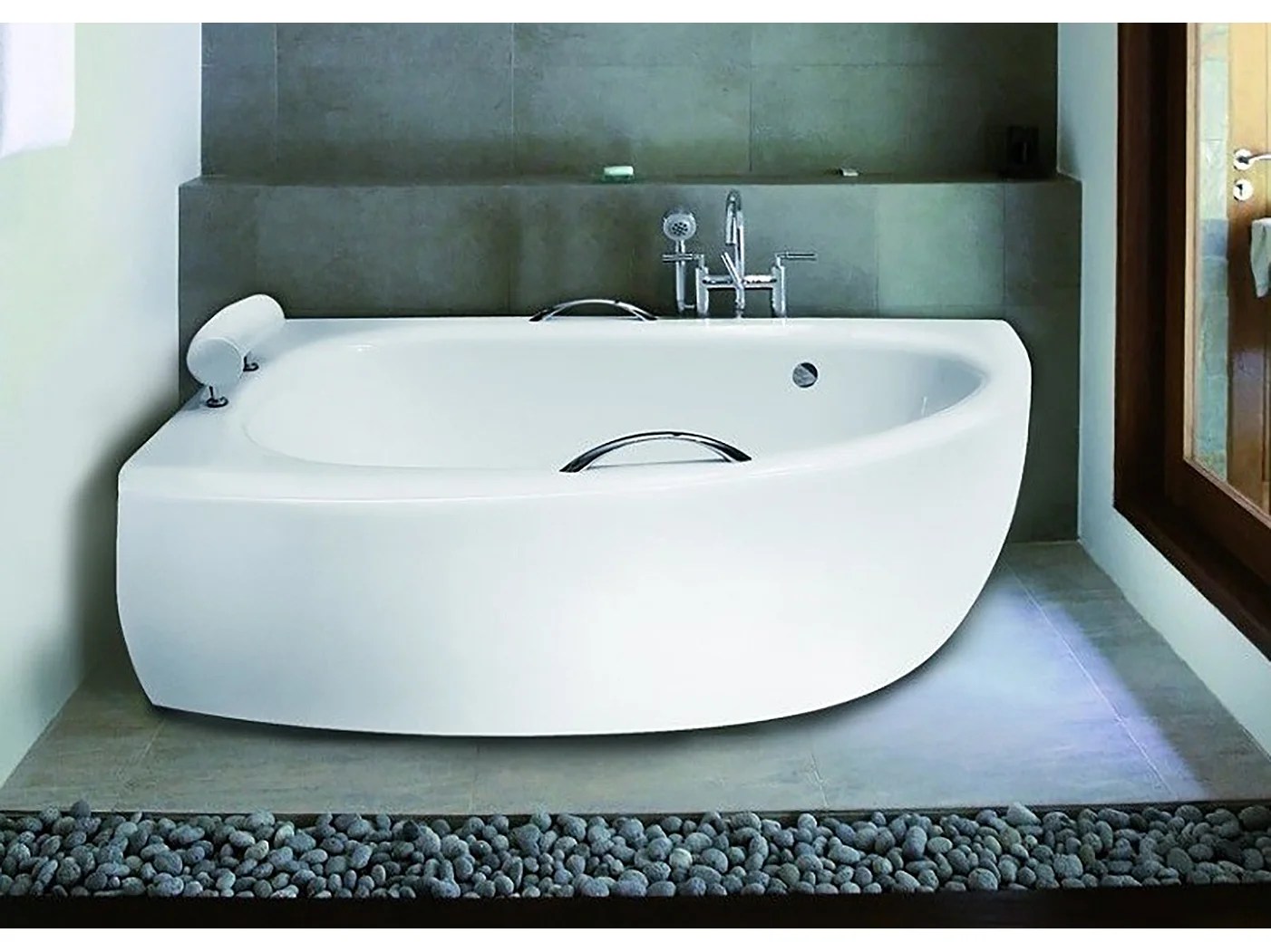 Baignoire asymétrique 150x70 Gauche MILENA PREMIUM acrylique blanc + avec Tablier + Poignées + Repose Tête + Pieds + Vidage à chromé