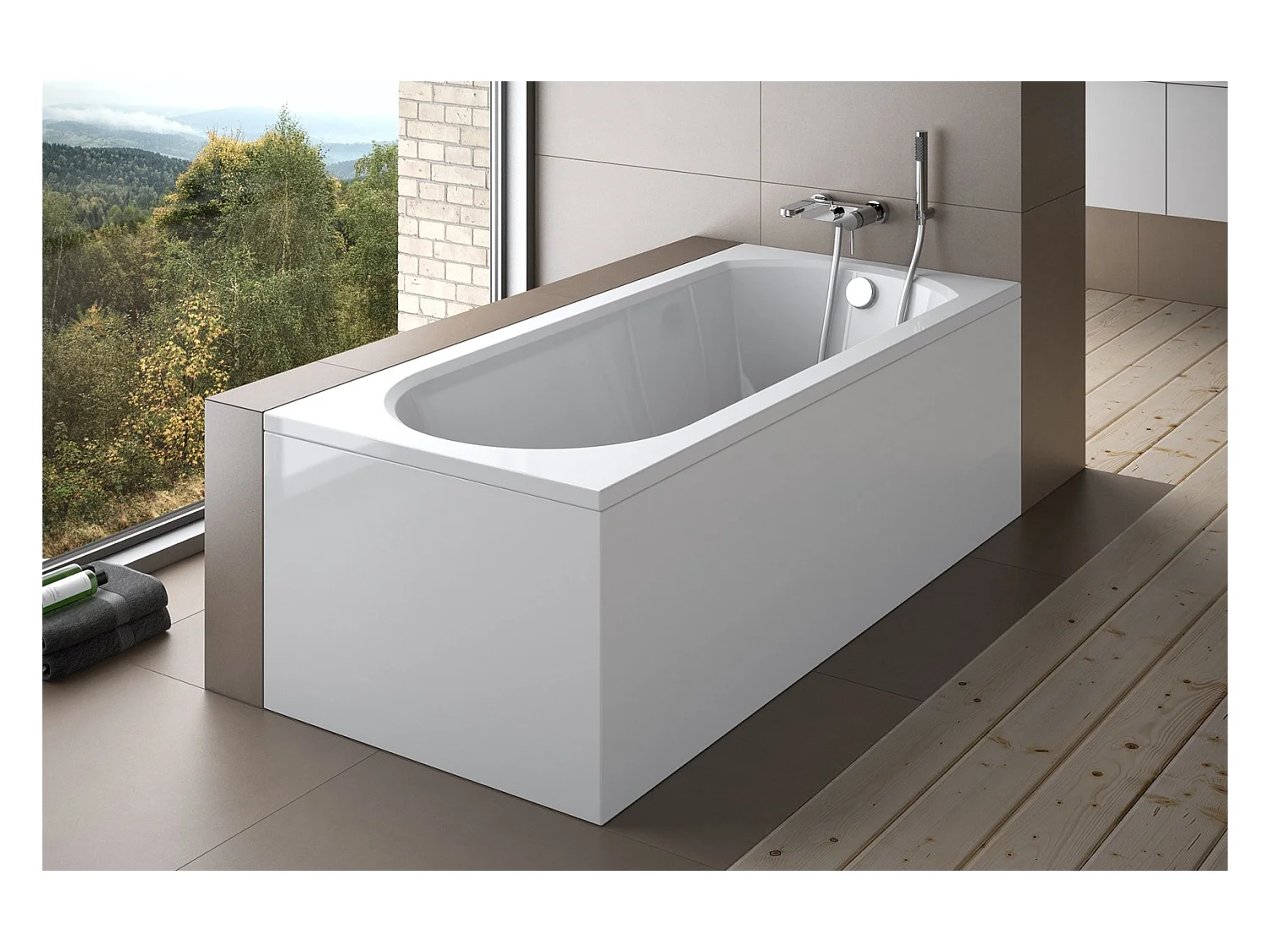 Baignoire rectangulaire 150x75 INTRICA acrylique blanc + avec Tablier + Pieds + Vidage à chromé