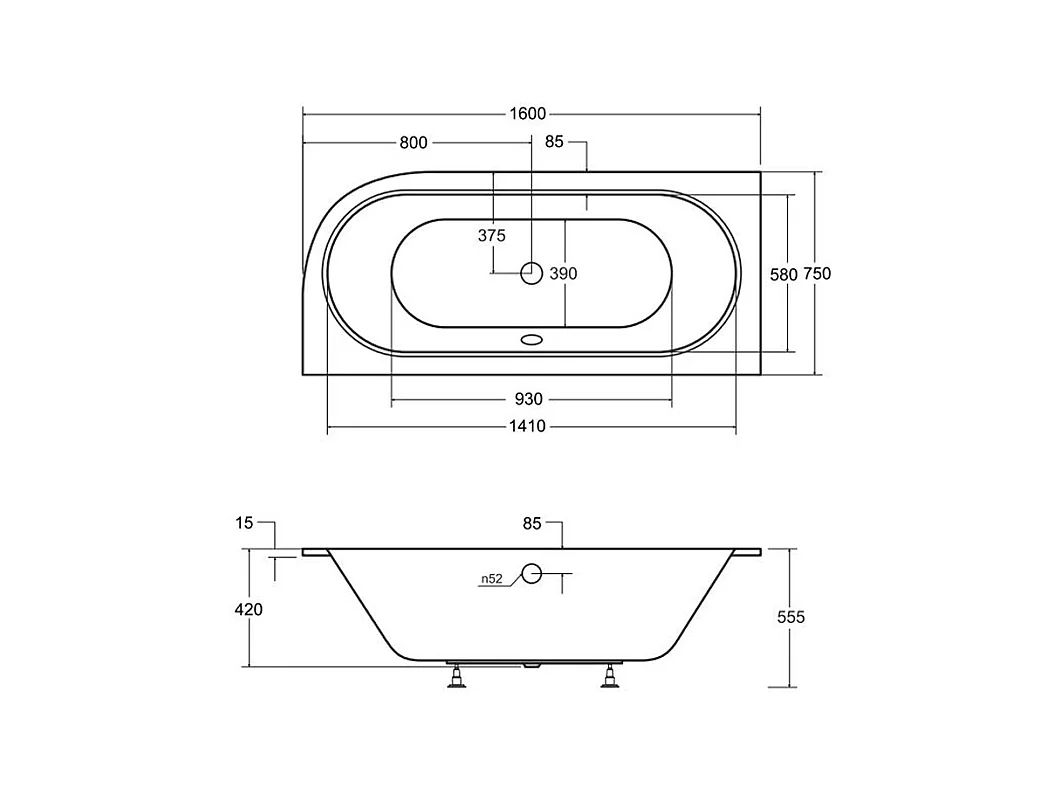 Baignoire asymétrique 160x75 Gauche AVITA SLIM acrylique blanc + Habillage en polystyrène (4 cm) + Pieds + Vidage à chromé