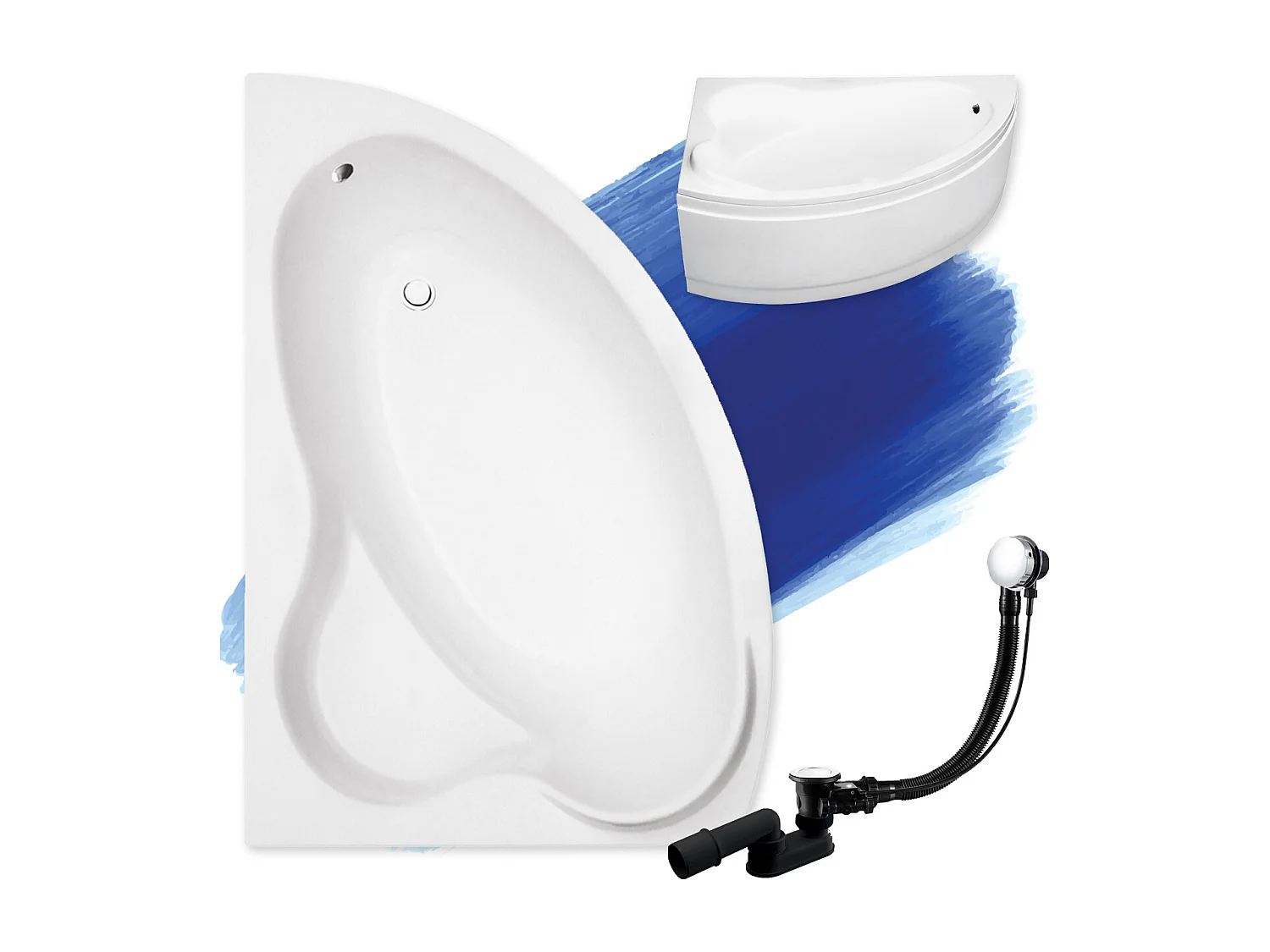 Baignoire asymétrique 160x100 Gauche ADA acrylique blanc + avec Tablier + Pieds + Vidage à chromé