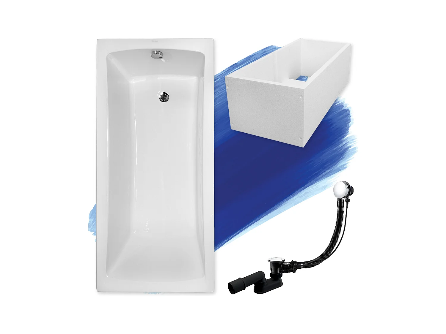 Baignoire rectangulaire 140x70 OPTIMA acrylique blanc + Support stabilisateur en polystyrène + Pieds + Vidage à chromé