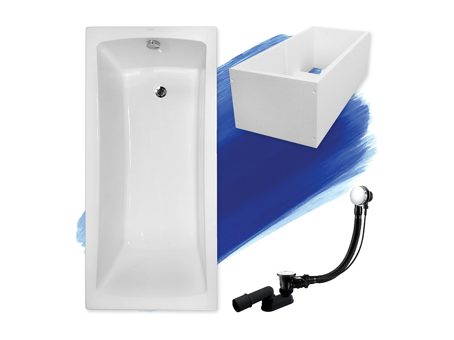 Baignoire rectangulaire 140x70 OPTIMA acrylique blanc + Support stabilisateur en polystyrène + Pieds + Vidage à chromé