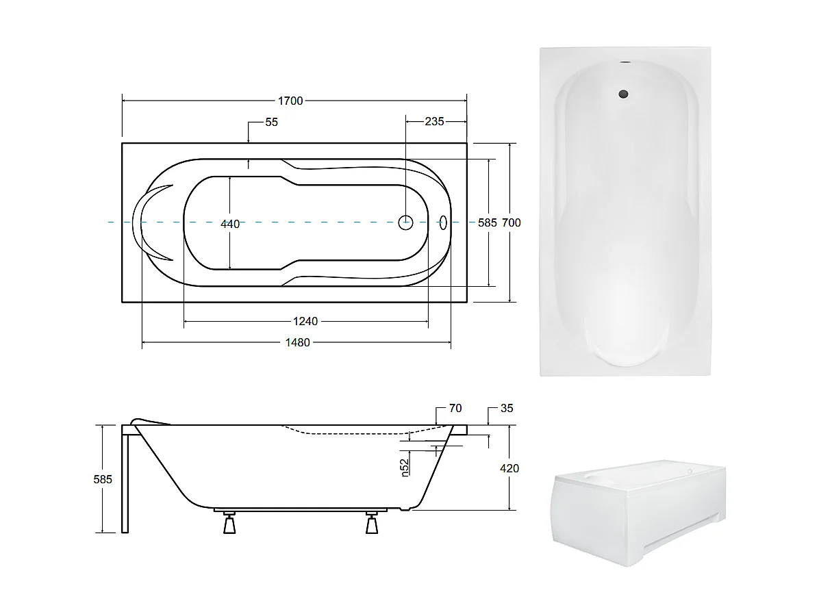 Badewanne Rechteck BONA 170x70 mit Wannenträger | Ablauf & Füße GRATIS !