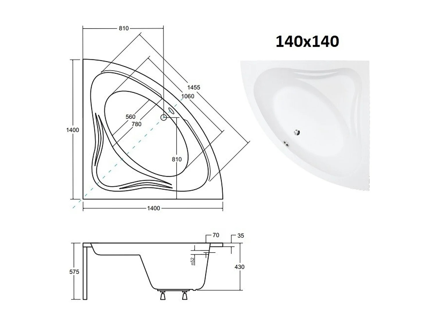 Hoekbad MIA 140x140 met acrylrand | Afvoer &amp; poten GRATIS!