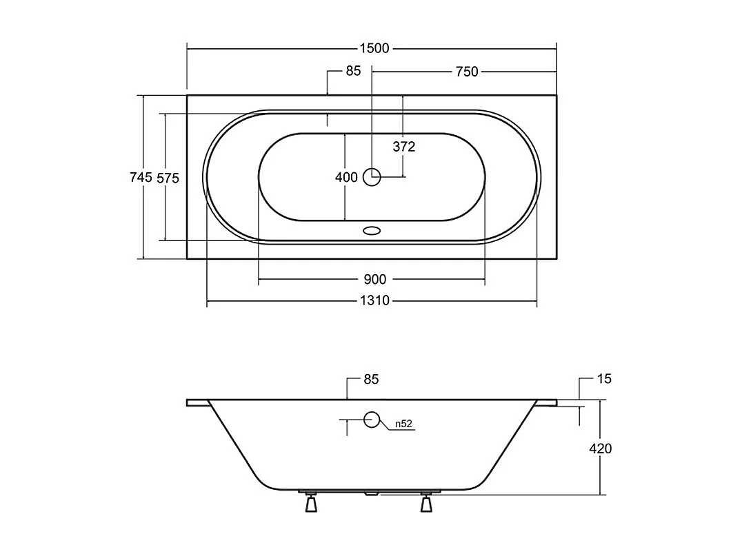 Baignoire rectangulaire 150x75 VITAE SLIM acrylique blanc + Support stabilisateur en polystyrène + Pieds + Vidage à chromé