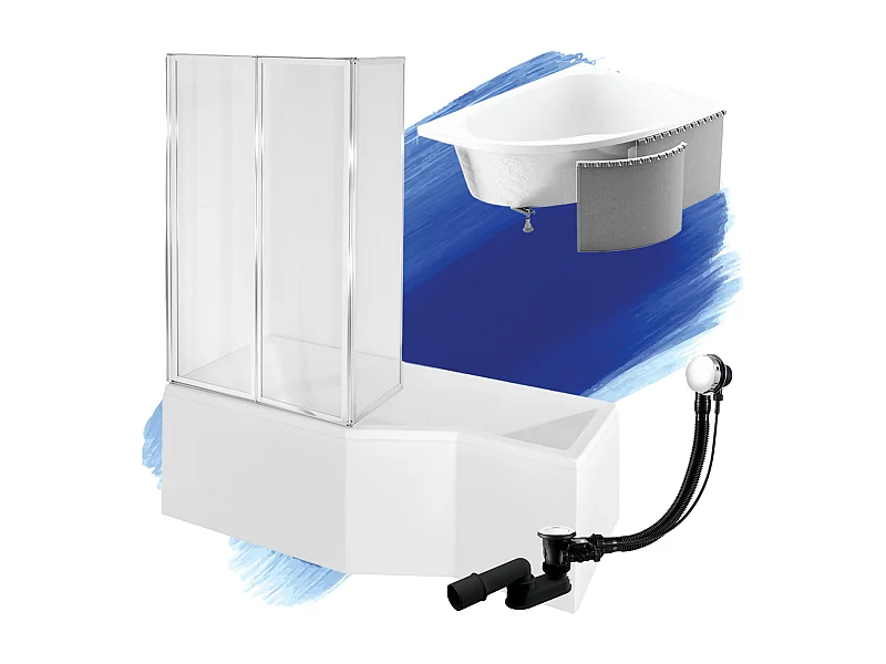 Hoekbad INTEGRA 150x75 links met piepschuim bekleding en glazen afscheiding 3-delig | Afvoer &amp; voeten GRATIS!