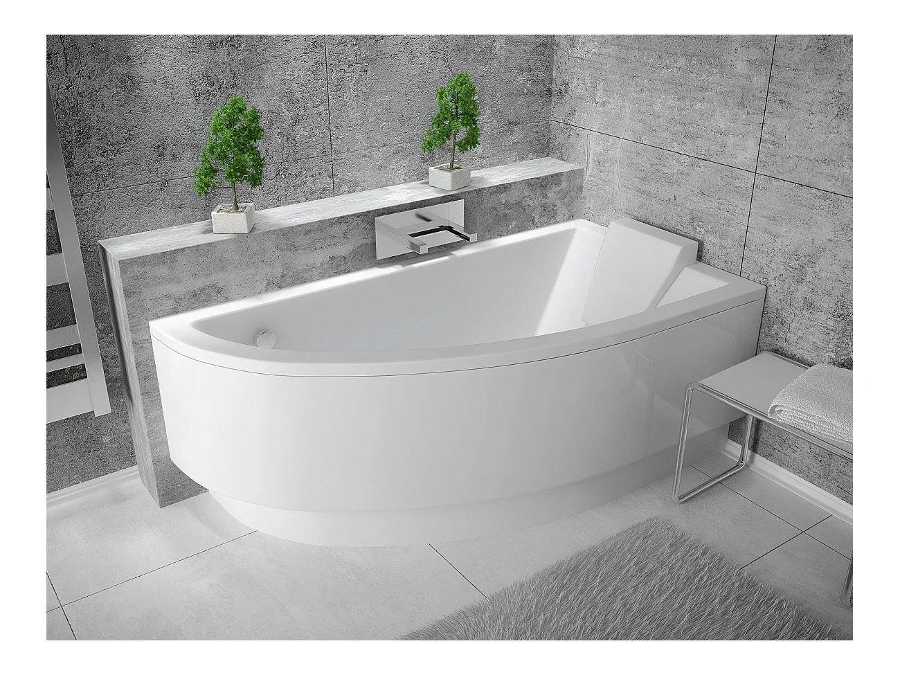 Baignoire asymétrique 140x70 Droite PRAKTIKA acrylique blanc, sans Habillage + Pieds + Vidage à chromé