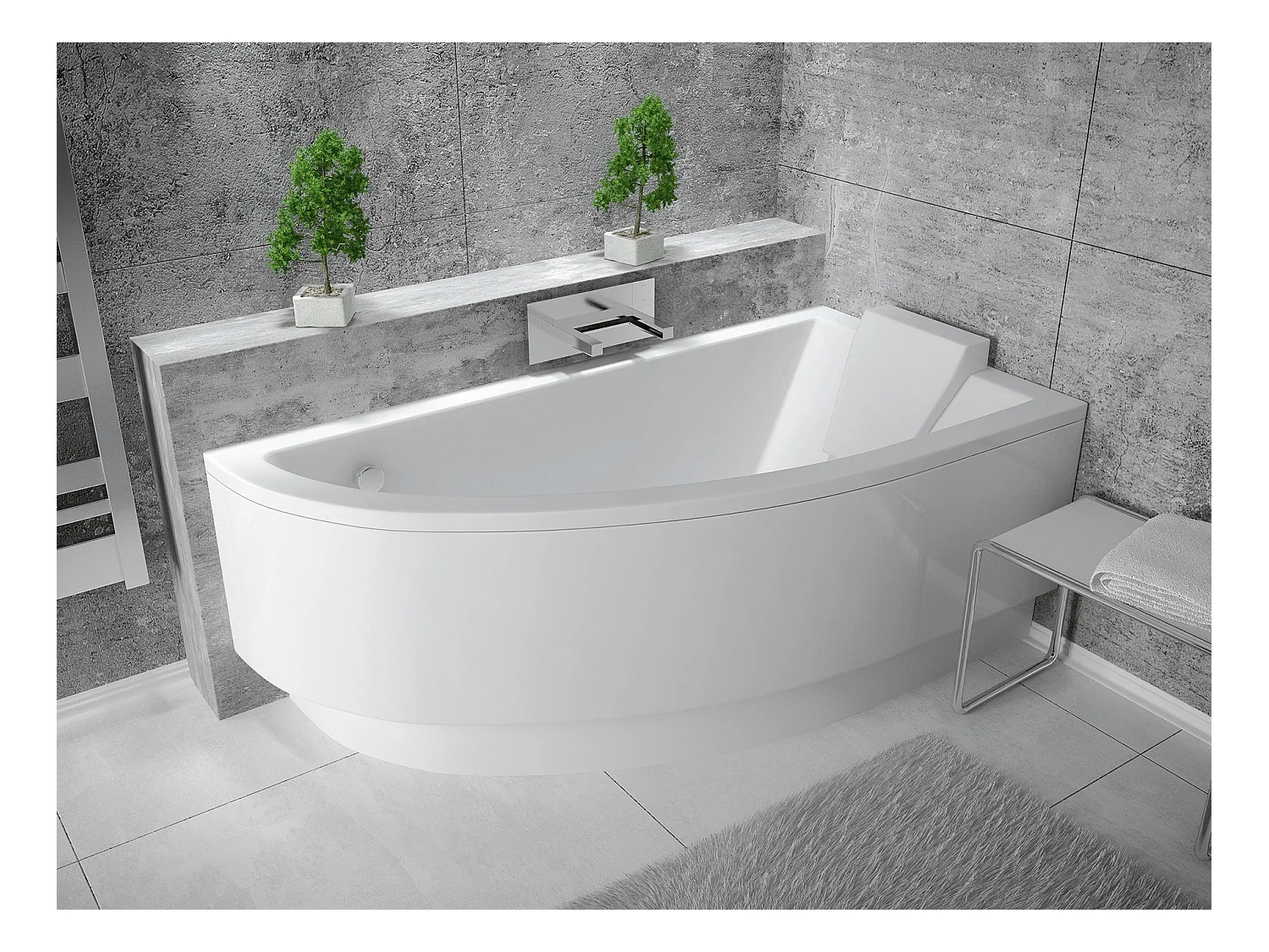 Baignoire asymétrique 140x70 Droite PRAKTIKA acrylique blanc, sans Habillage + Pieds + Vidage à chromé