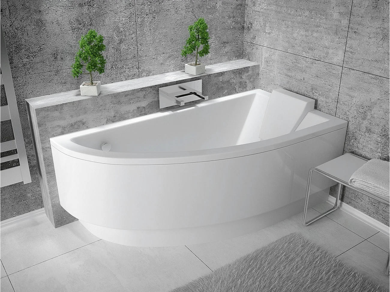 Baignoire asymétrique 140x70 Droite PRAKTIKA acrylique blanc, sans Habillage + Pieds + Vidage à chromé