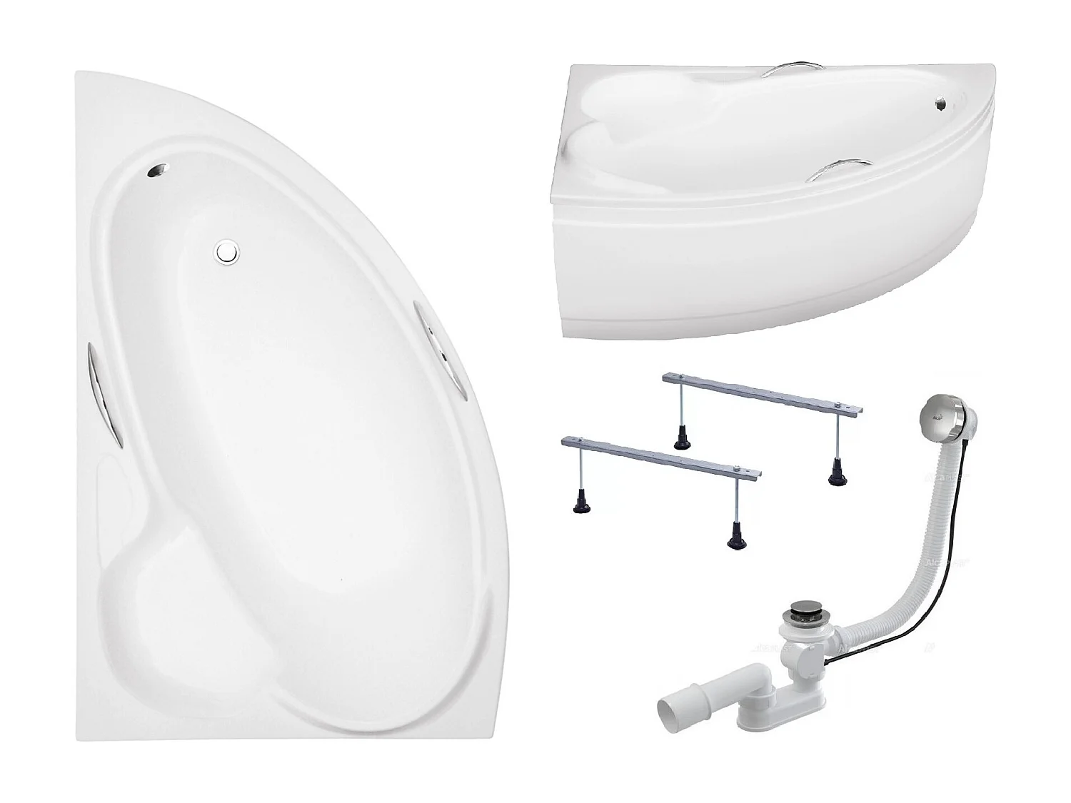 Baignoire asymétrique 150x95 Gauche BIANKA acrylique blanc + avec Tablier + Pieds + Vidage à chromé