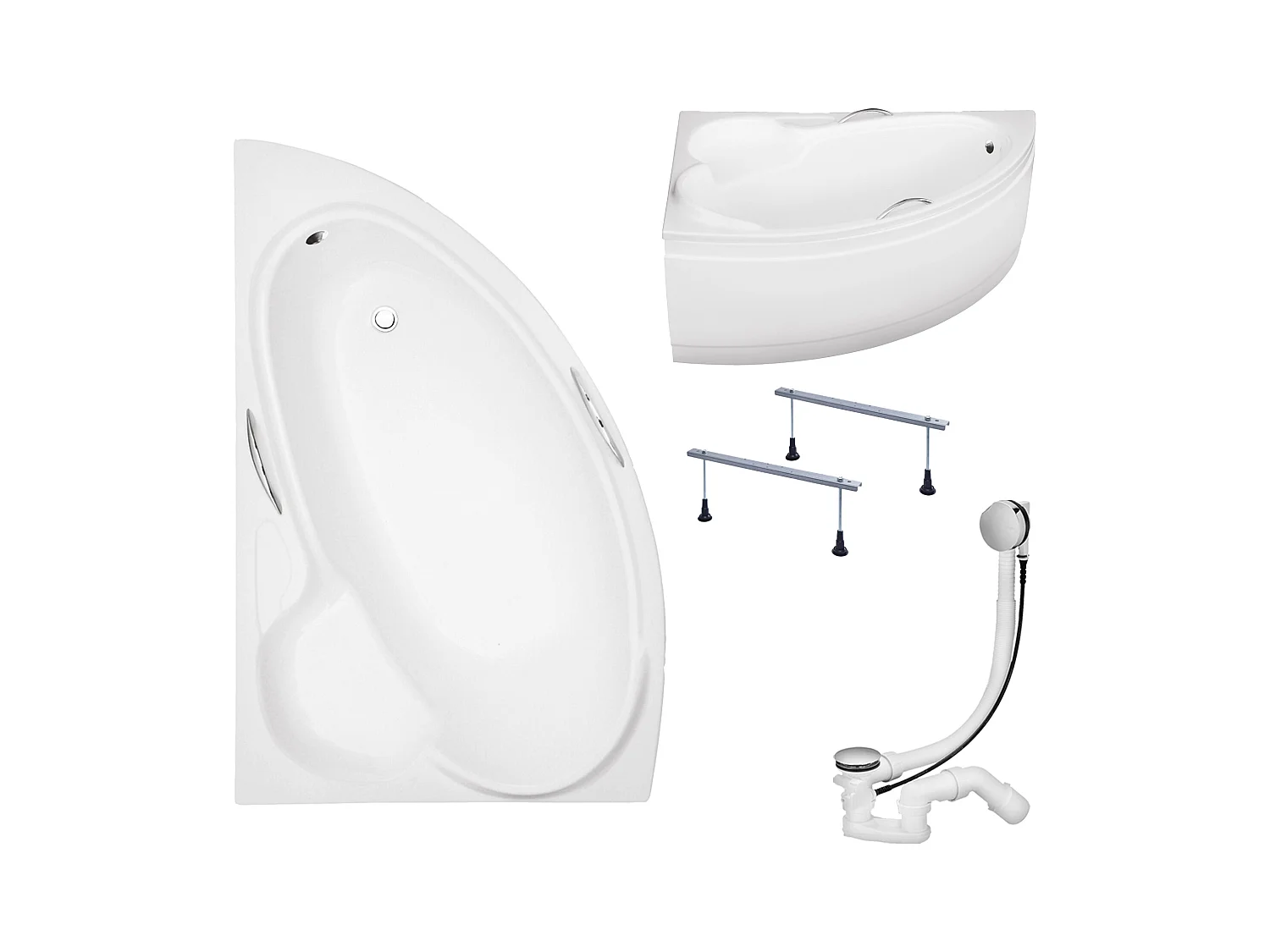 Baignoire asymétrique 150x95 Gauche BIANKA acrylique blanc + avec Tablier + Pieds + Vidage à chromé