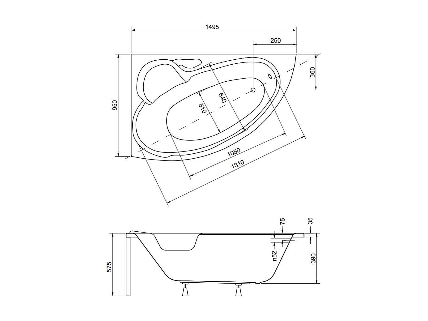 Hoekbadkuip BIANKA 150x95 links met acrylschort | Afvoer &amp; voeten GRATIS!