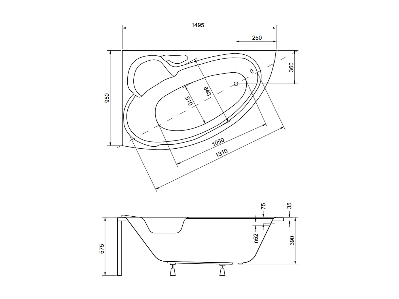 Baignoire asymétrique 150x95 Gauche BIANKA acrylique blanc + avec Tablier + Pieds + Vidage à chromé