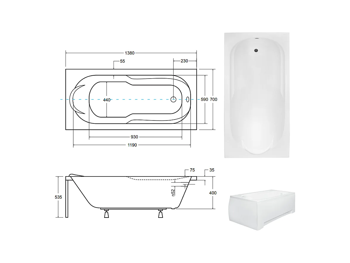 Baignoire rectangulaire 140x70 BONA acrylique blanc + avec Tablier + Pieds + Vidage à chromé