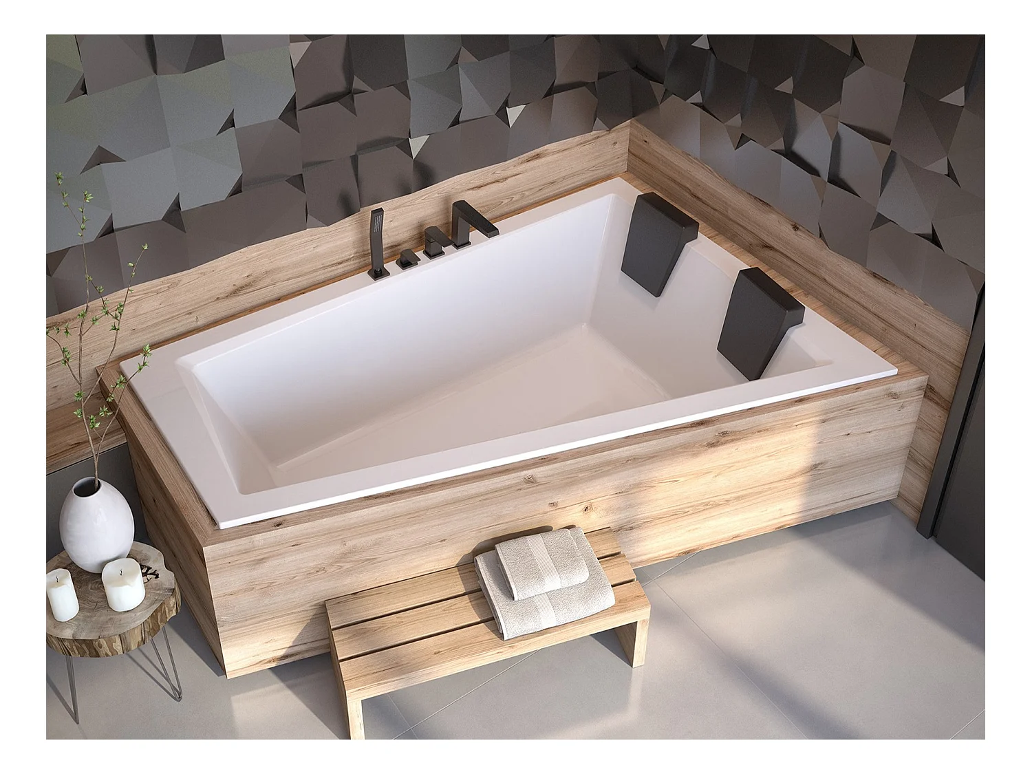 Hoekbad INTIMA SLIM 180x125 rechts met piepschuim bekleding, opbergrek 4 cm en 2x hoofdsteunen | Afvoer &amp; poten GRATIS!