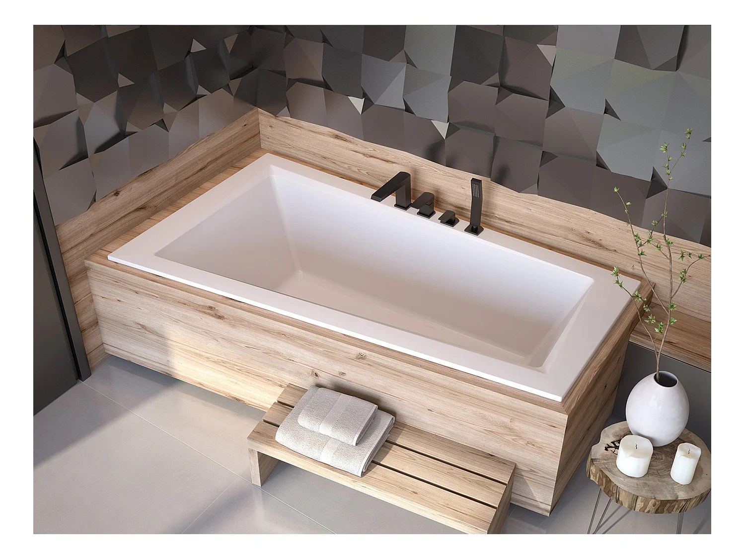 Baignoire asymétrique 150x85 Gauche INTIMA SLIM acrylique blanc + Habillage en polystyrène (4 cm) + Pieds + Vidage à chromé