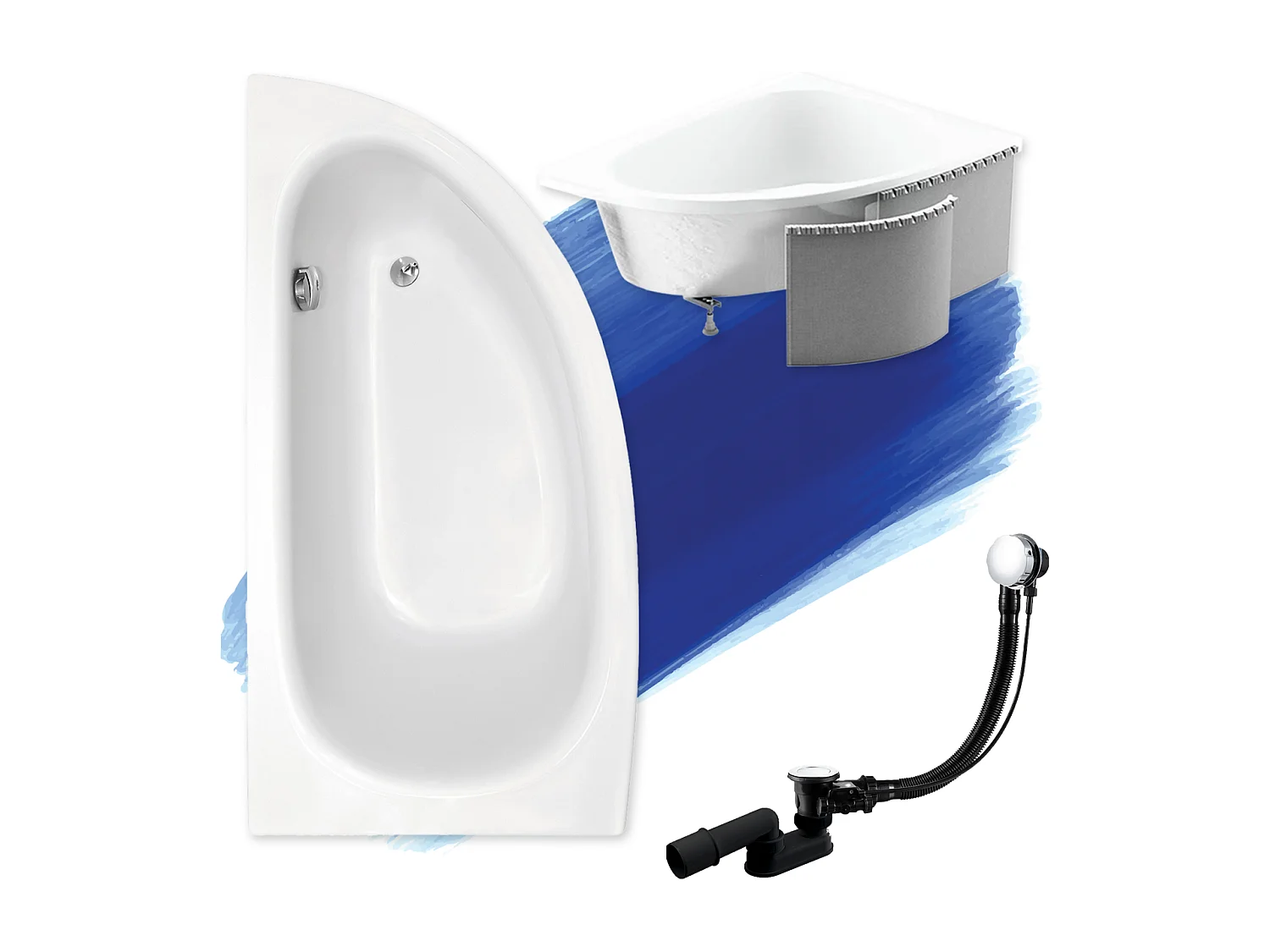 Baignoire asymétrique 150x70 Gauche MILENA acrylique blanc + Habillage en polystyrène + Pieds + Vidage à chromé