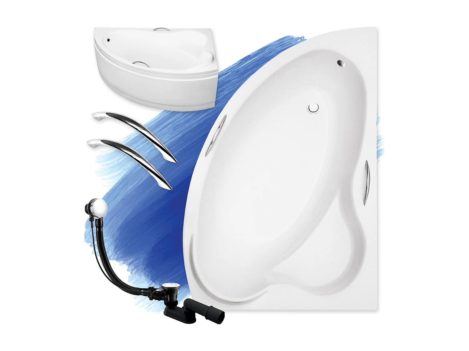 Baignoire asymétrique 160x100 Droite ADA acrylique blanc + avec Tablier + Poignées + Pieds + Vidage à chromé