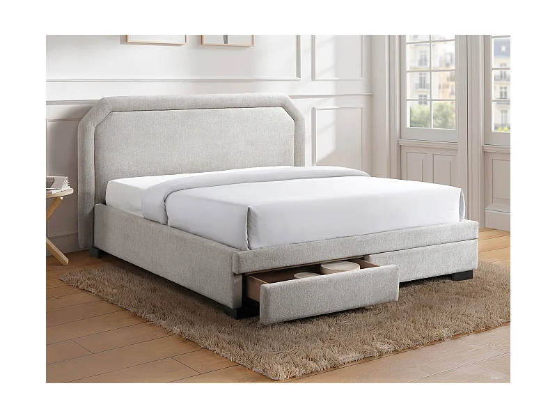 Bett mit Schubladen + Matratze - 140 x 190 cm - Stoff - Beige - INASTO