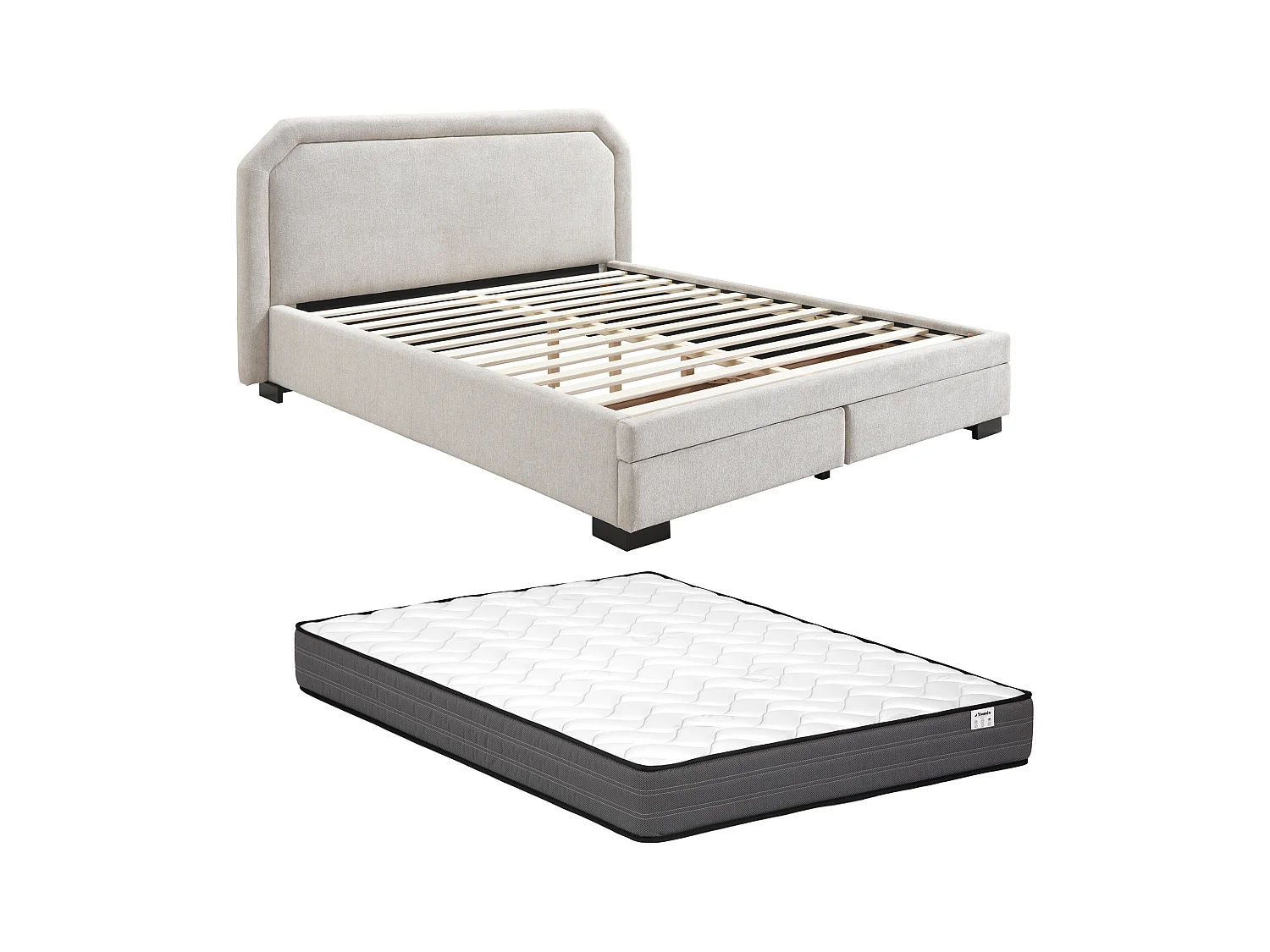 Letto con cassetti 140 x 190 cm - Tessuto - Beige + Materasso - INASTO