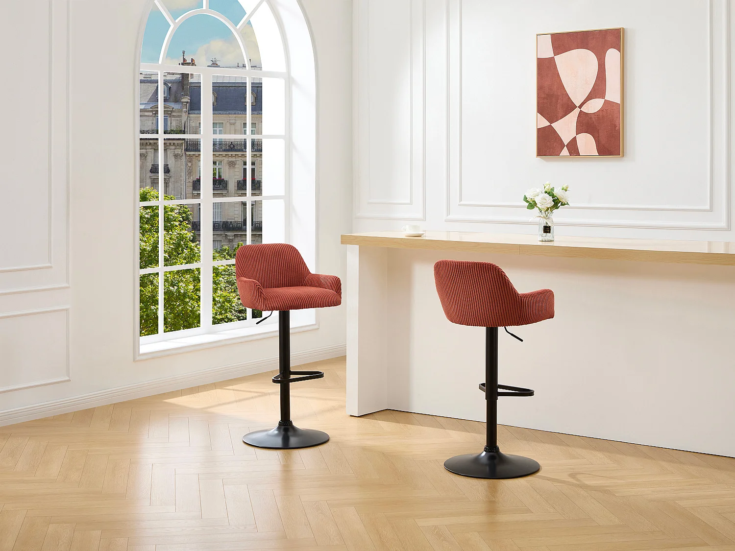 Lot de 2 tabourets en velours côtelé et métal noir - Hauteur réglable - Terracotta - LILIYA