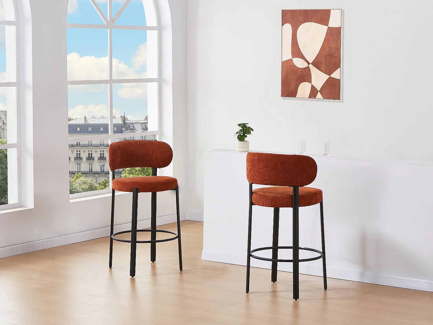 Lot de 2 tabourets en tissu texturé et métal noir - Terracotta - ASILOVA