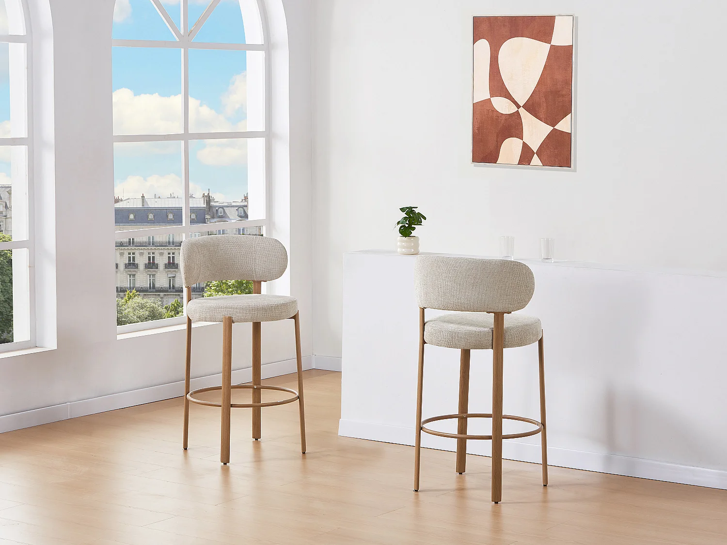 Lot de 2 tabourets en tissu texturé et métal effet bois - Crème - ASILOVA